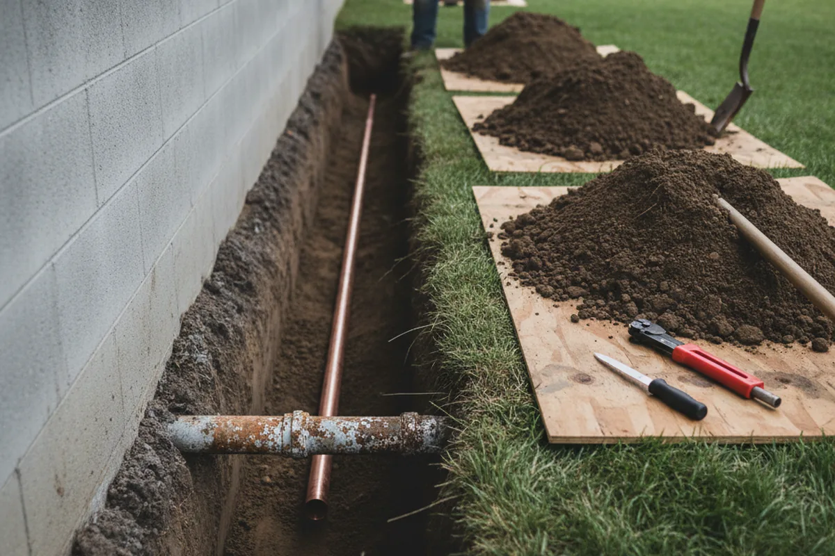 Excavated water line trench during Water Softener Installation in Gray